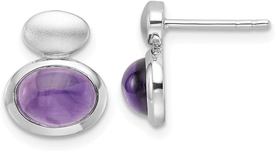 Diamond2Deal Sterling Silver Rhodium-plated Brushed Polished Amethyst Stud Earrings (L- 0.48 in, W- 0.39 in)