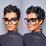 VRZ Short Curly Pixie Cut Human Hair Wigs for Black Women Pixie Cut Wig Human Hair Glueless Layered Brazilian Virgin Black Color No Glue Wig for Daily Use