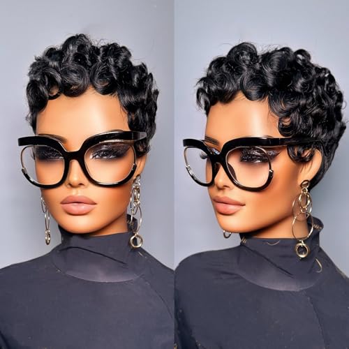 VRZ Short Curly Pixie Cut Human Hair Wigs for Black