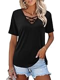 Heymiss Shirts for Women Short Sleeve Tshirts V Neck Loose Fit Tunic Casual Blouses Black