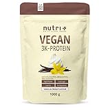 Vegan Protein Pulver Vanille 1kg 84,6% Eiweiß - 3k-Proteinpulver 1000g - Nutri-Plus Shake Vanilla Cream Flavor - pflanzliches Eiweißpulver ohne Lactose, Zucker, Stevia & Milch