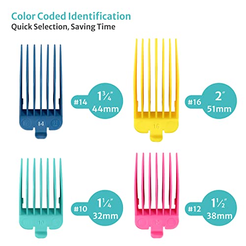 4 Professional Extra Long Hair Clipper Guards Cutting Guides Fits For Most Wahl Clippers, Color Coded Clipper Combs Replacement - 1.25", 1.5", 1.75" & 2" (#10, 12, 14, 16） #TOP2