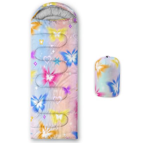HOSIMA Colourful Butterfly Sleeping Bags for Girls,Animal Theme Stars Pattern Cold Weather Gear for Camping for Adults,Lightweight Sleeping Bag for Adults and Kids Hiking Trips Outdoors Activities.