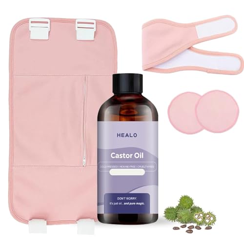 Healo Castor Oil Pack Wrap Castor Oil Pack Wrap Kit - 3.38 Oz with Reusable Wraps - For Stomach Neck and Entire Body with Adjustable Elastic Straps (Pink Velcro type 100ML)