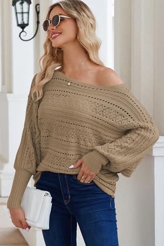 Image of Cakulo Womens Off Shoulder Crochet Sweater Top 2025 Fall Fashion Batwing Long Sleeve Sweaters Outfits Khaki XL