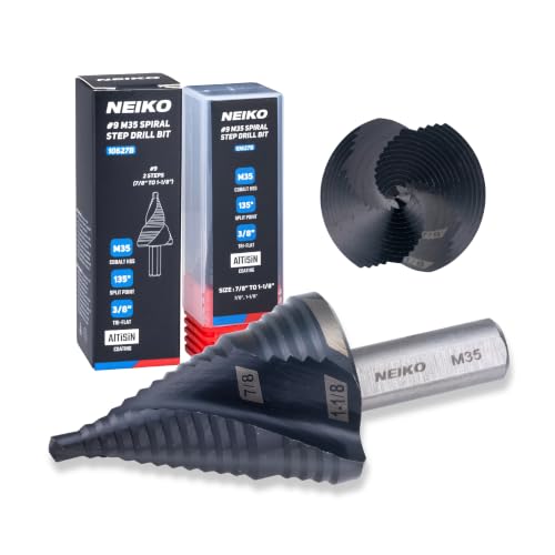 Image of NEIKO 10627B Step Drill Bit, 2 Steps 7 /8 inch to 1-1 /8 inch Spiral M35 Cobalt, AlTiSiN Coated, 3 /8 inch Tri-Flat Step Bits for Steel, Metal, Wood, Plastic, Unibit Cone Drill Bits, Two Flute