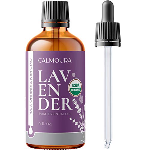 Organic Lavender Essential Oil 4oz - Therapeutic Grade Calmoura Pure Lavender Essential Oils for Diffusers Aromatherapy, Skin, Massage Therapy, Relaxation, Soap Making, Chakra Balancing, Hair Care