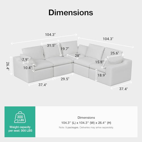 Image of Novilla 104.3 inch Modular Cloud Couch, Modern Sectional Sofa with Smarts Coil Support, Chenille Fabric, Upholstered Couch for Living Room Apartments Bedroom, No Assembly, 5 Seater, White