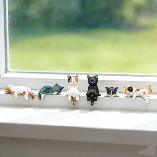 Zhiyanz Cute Mini Cat Desk Figurines Car Dashboard Decor Rear View Mirror Accessories, Set of 6 Mini Cats Cute Car Decorations Interior, Computer Monitor Figurines for Women Girl