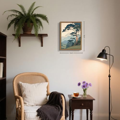 Image of Vintage Japanese Forest Framed Canvas Wall Art - Tranquil Mountain Landscape Painting Print, Retro Nature Tree Scene Decor for Living Room Bedroom Nursery Office Home 12x16 inch