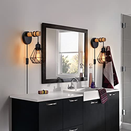 Industrial Plug In Wall Sconces Set Of Two, Wall Sconces Lighting With On/Off Switch, Rustic Indoor Vintage Bedside Cage Lighting For Stairway Bathroom Entryway Living Room Bedroom (Round Base) #TOP5