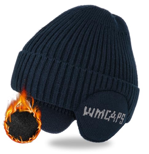 Wmcaps Wintermütze Herren mit Ohrenklappen, Warme Winter Mütze mit Ohrwärmer, Fleece Gefütterte Strickmützen Wollmütze für Männer Frauen, Geschenke für Freunde und Familie, Marineblau