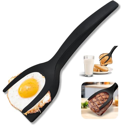 2 in 1 Egg Flipper Spatula Spatula Tongs Egg Spatula Flipper, Fried Egg Flipper Heat Resistant Pancake Spatula, Pancake Fish French Toast Egg Flipper for Non Stick Pan, Kitchen Utensils (Black)