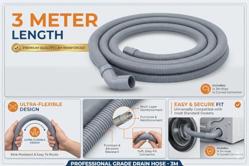 Image of Sanavya LG Fully-Automatic Washing Machine Drain Pipe 3 METERS, Washing Machine Pipe Outlet,No Leak, Universal Compatible Drain Pipe, Grey (Pack of 1)