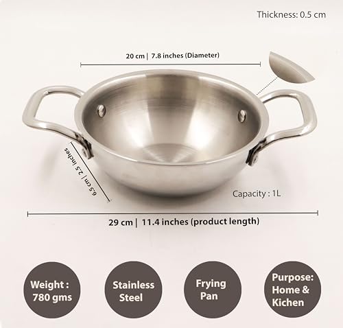 Image of Spillbox Stainless Steel Sandwich Triply Kadhai | Kadai | Wok| Nonstick 3-Layer Body | Steel Cookware | Induction safe | Dishwasher Safe | Food Grade |Heavy |FryPan |Curry |Stirfry |Deepfry (Dia-20cm)