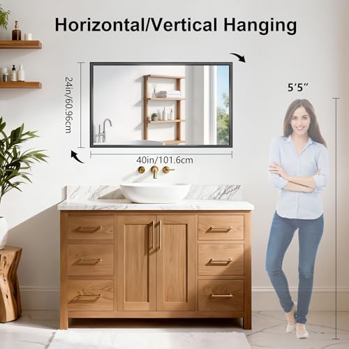 Image of Black Framed Mirror 24 inchx40 inch, Brushed Black Bathroom Mirrors for Over Sink, 0.6 inch Thickened Deep Frame Rectangle Mirrors for Wall, Shatterproof Tempered Glass, Antirust, Horizontally /Vertically