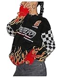 BEAUDRM Women's Y2K Sweaters Goth Punk Sweaters Flame Graphic Ripped Raw Hem Crewneck Long Sleeve Knit Tops Fall Clothes Black Small