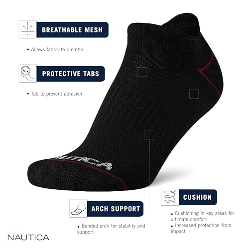 Image of Nautica Womens No Show Socks Moisture Wicking Low Cut Athletic Socks 6 Pack | Moisture Wicking Dri-Motion Fabric, Cushioned Key Areas, Banded Arch Support, No Show Low Cut, Shoe Size 4-10