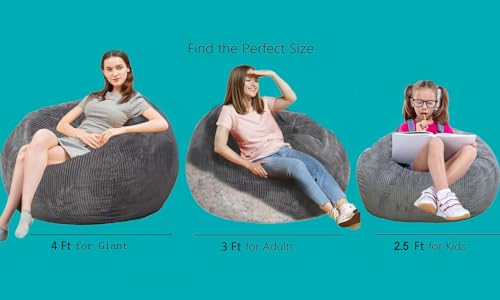 Image of Bean Bag Chair, 4FT Round Memory Foam Filled Bean Bag for Teens & Kids, Ultra Soft Faux Fur Fabric Bean Bag Chairs for Playroom, Living Room, Bedroom, Gray
