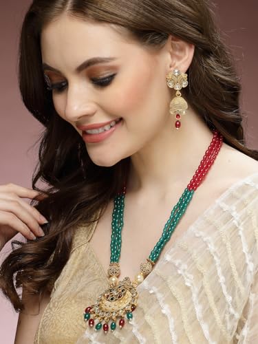 Image of Adiva Stylish Traditional Gold-Plated Kundan Stone Studded & Pearls Handcrafted Necklace with Earrings Jewellery Set for Women & Girls