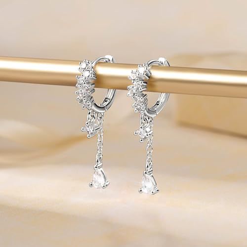 925 Sterling Silver Drop Dangle Earrings Cubic Zirconia Teardrop Hoop Dangle Earrings for Women 14K Goldplated Hypoallergenic Elegant Drop Water CZ Dangle Chain Huggie Earring Jewelry 5