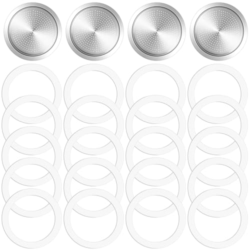 20PCS Silicone Gaskets Seal Ring with 4 PCS Stainless Steel Filter Basket Includes?Spare Food Grade Silicone Sealing Rings for Aluminium Stovetop Coffee Maker Pots -6Cup