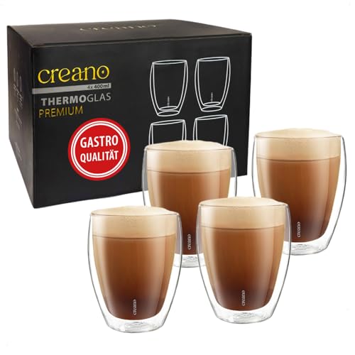 Creano PREMIUM doppelwandige Trinkgläser 400ml - 4er Set - OHNE versiegeltes LOCH deshalb Gastronomie Qualität - 100% Spülmaschinenfest - WELTNEUHEIT