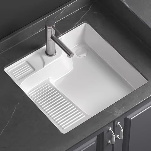 Lavadero Pila con Tabla de Lavar, Lavabo de Cerámica Baño, Lavabo Bajo Encimera, con Grifo Extraíble y Kit Desagüe, Ideal para Baños, Balcones y Lavaderos Del Hogar