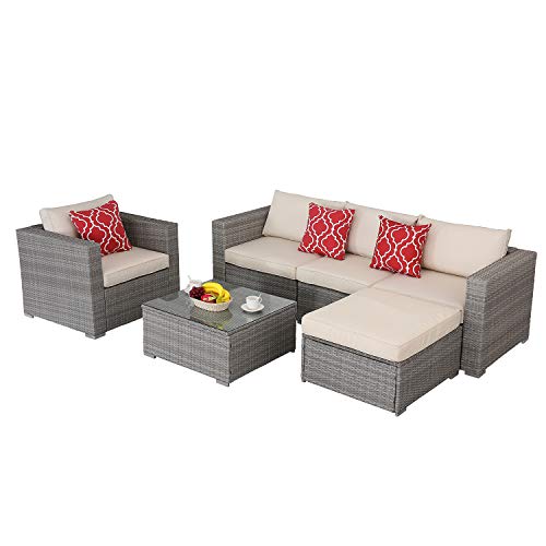 Do4U Patio Furniture Set 6-Piece Outdoor Lawn Backyard Poolside All Weather PE Wicker Rattan Steel Frame Sectional Cushioned Seat Sofa Conversation Set (Gray-Beige)