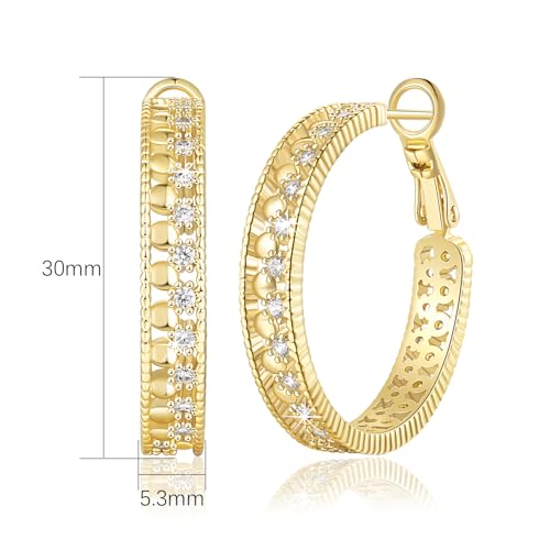 Gold Hoop Earrings for Women 14K Gold Earrings for Women with Cubic Zirconia Hollow-Carved Design Like a Fine Piece of Lace Womens Hoop Earring Trendy 25/30mm2