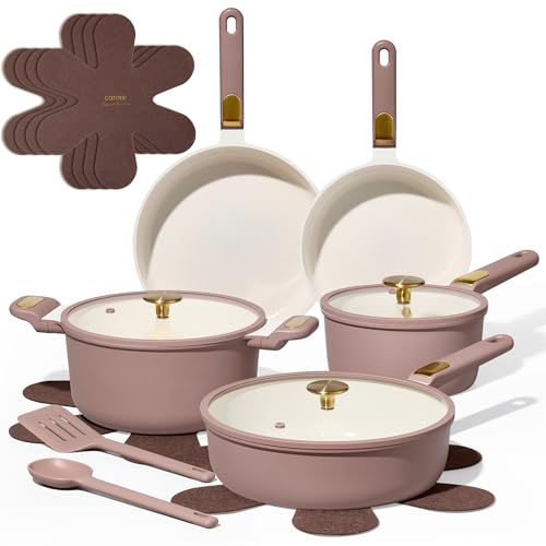 Image of CAROTE Ceramic Cookware Set, Pots and Pans Set Non stick, 16-Piece Induction Cookware, Non toxic Healthy Non Stick Kitchen Cooking Set, with Frying Pans Set,Large Capacity Soup Pot, Pink