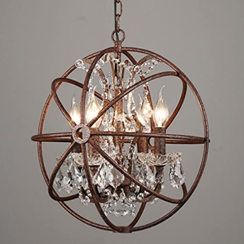 Laumzx Rusty Industrial Rustic Orb Chandelier, Vintage Globe Sputnik Pendant Light With K9 Crystal Accents, Farmhouse Metal Cage Hanging Fixture For Dining Room, Living Room, Entryway Decor
