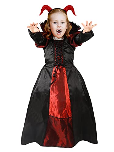 4 Pcs Girls Vampire Halloween Costumes Set, Halloween Victorian Horns Headband And Devil Fork Vampire Fangs Teeth For Halloween Cosplay Dress Up Accessories, 41-47 Inch #TOP6