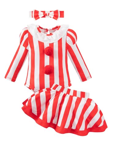 Yruiz Newborn Baby Girl Halloween Red And White Clown Costume Romper Dress Outfits Skirt Set With Headband（3-6 Months）