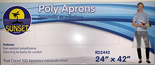 Sunset Brands 100 Poly Aprons, Individually Folded-Tear Resistant Polyethylene, Extra Long Tie-Backs For Comfort 24"X 42" #TOP26