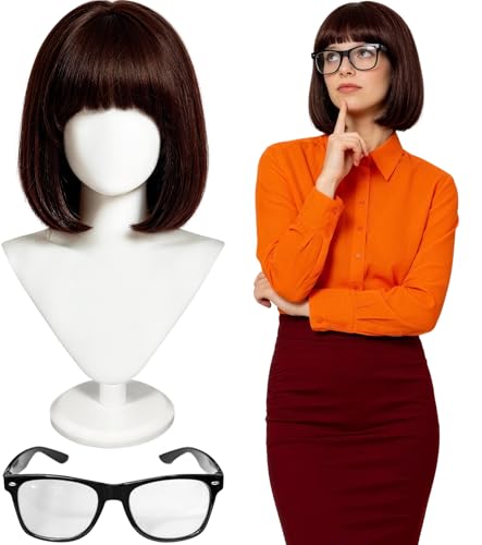 ASINWIN Brown Bob Wig with Glasses Set Vintage Detective Wig for Women