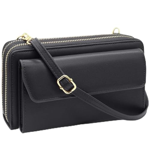 Image of Women Leather Wallet Crossbody Shoulder Bag with Double Zipper and Mobile Phone Purse with Shoulder Strap