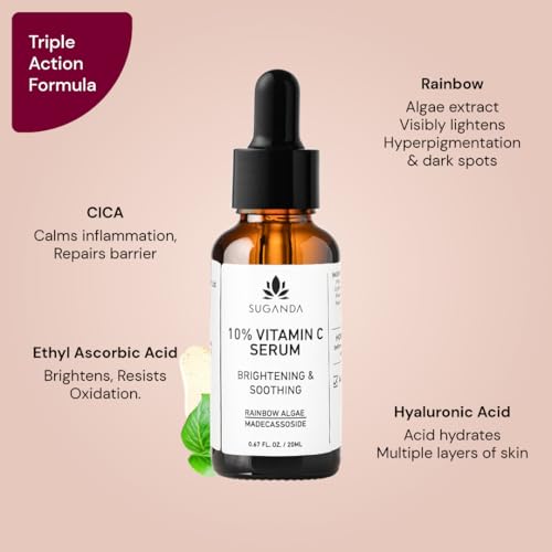 Image of SUGANDA SKINCARE Vitamin C Serum 10% | Helps Brighten And Reduce Dark Spots, And Hyperpigmentaion | With Soothing Cica And Hydrating Hyaluronic Acid And Rainbow Algae| Suitable For Sensitive Skin