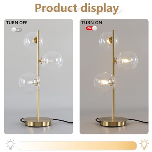 Image of Mid Century Globe Table Lamp, Modern 3 Lights Gold Desk Lamp, Contemporary White Glass Globe Reading Lamp for Bedroom Living Room Study Room