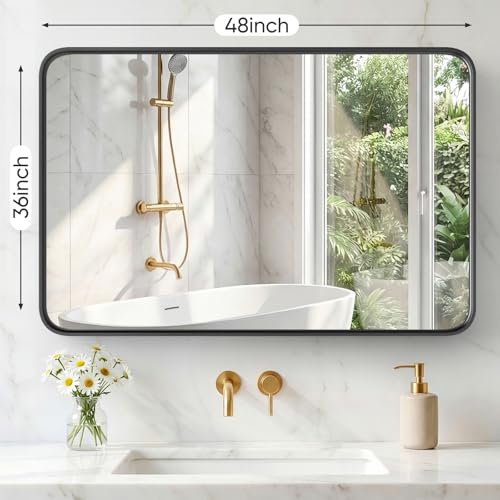 Image of Sweetcrispy Bathroom Mirror 48x36 Inch Metal Framed Rounded Rectangle Vanity Mirror for Wall, Over Sink, Farmhouse, Restroom, Anti-Rust, Modern Decorative, Horizontal or Vertical Hanging, Black