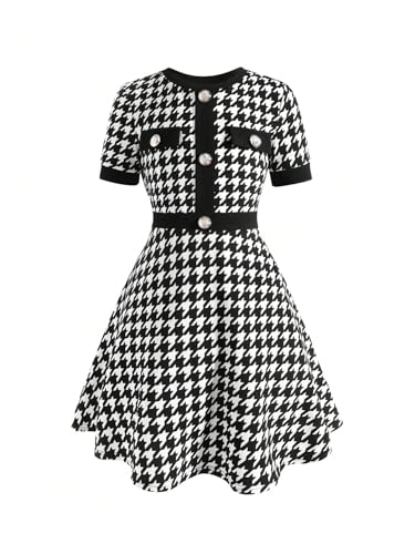 SOLY HUX Girl's Plaid Dress Short Sleeve Crew Neck Houndstooth Button A Line Short Dresses2