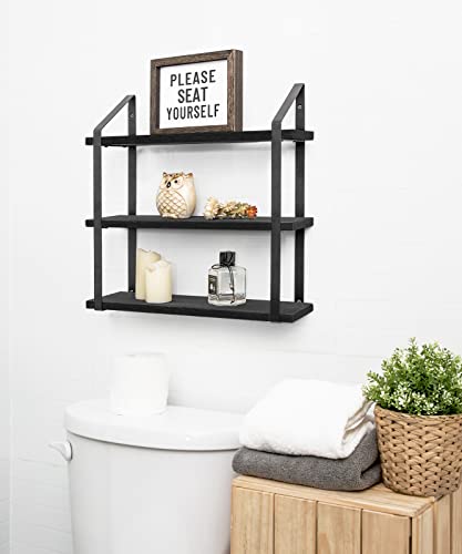 Mkono Floating Wall Shelves 3 Tier Rustic Hanging Shelf With Metal Bracket Wall Mount Wood Storage Display Shelves For Living Room Bathroom Bedroom Kitchen Office,Black #TOP3
