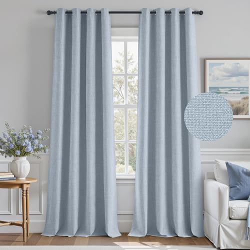 Image of HOMEIDEAS 100% Blackout Light Blue Faux Linen Curtains 52W x 84L 2 Panels | Natural Textured Drapes, Thermal Insulated, Window Darkening Curtains for Bedroom, Nursery, Living Room