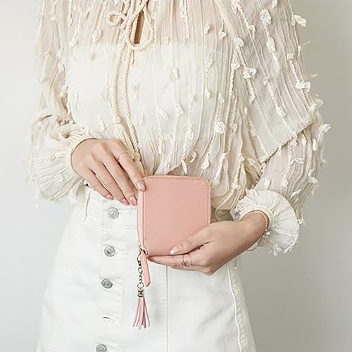 Women Girl Mini Wallet | Square Zip Purse with Tassel | Credit Card Holder | Simple | Clutch Bag (Black), Pink3