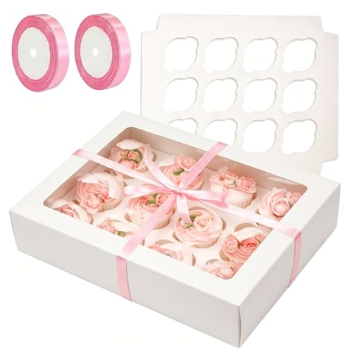 Image of Bakepacker Auto-pop Up Cupcake Boxes with Window White 40PCS 12 Count Cupcake Box 13 inchx10 inchx3.5 inch Cupcakes Carrier, 12 Cupcake Containers with 2 rolls of pink ribbons