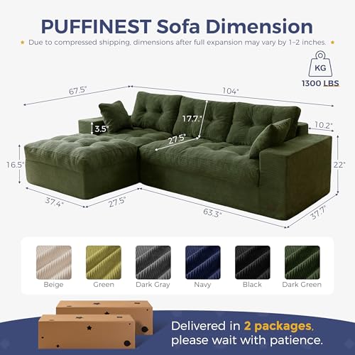 Image of MAXYOYO 104 inch L Shaped Modular Sectional Sofa with Ottoman, Cloud Boneless Couch with Layered Cushion, Upholstered Sofa Flexible Module Combination for Living Room, No Assembly, Dark Green