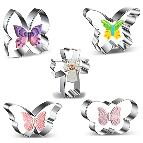 Butterfly Cookie Cutter Set - 5 Pieces Stainless Steel Cookie Cutters Shapes With Cross, Butterfly/Moth Cookie Cutter Biscuit Sandwich Chocolate Fondant Cake Mold Mould Baking Tool #TOP16