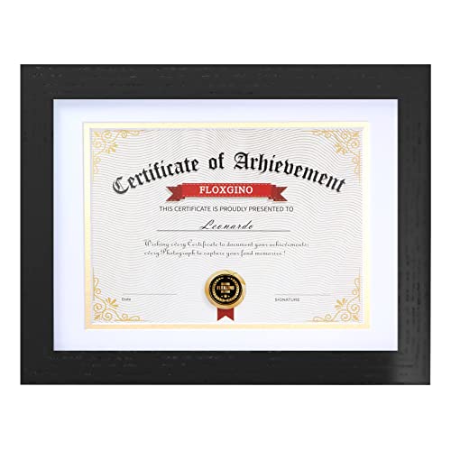FLOXGINO 11x14 Diploma Frames, 100% Solid Wood, MUSEUM SHOWCASE GLASS, Anti-Glare, Shatterproof, Ultra Clear, Anti-UV, Gift Box Packaging, 8.5x11 with Mat