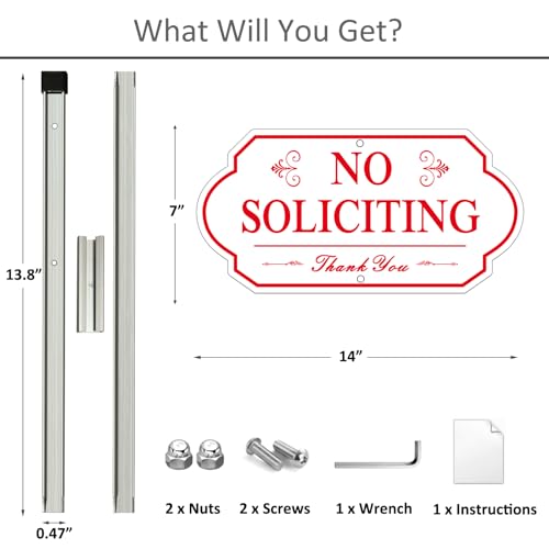 Image of Heavy Duty No Soliciting Sign for House - All Metal Construction No Soliciting Yard Sign - 14 inch x 7 inch - Aluminum - with 28 inch Long Stake (RED and WHITE)
