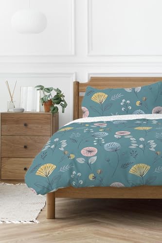 Image of Copenhagen Home Olia Floral Print Teal Reversible Duvet Cover and Pillowcase Set - Double